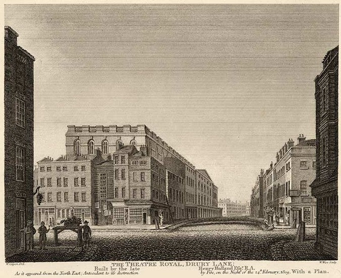 The Theatre Royal, Drury Lane, pictured as it was in 1809 (from an 1811 engraving). The view is from the north-east, looking down Russell Street at its intersection with Drury Lane. This shows the rear of the theatre with its dressing rooms and stage door.