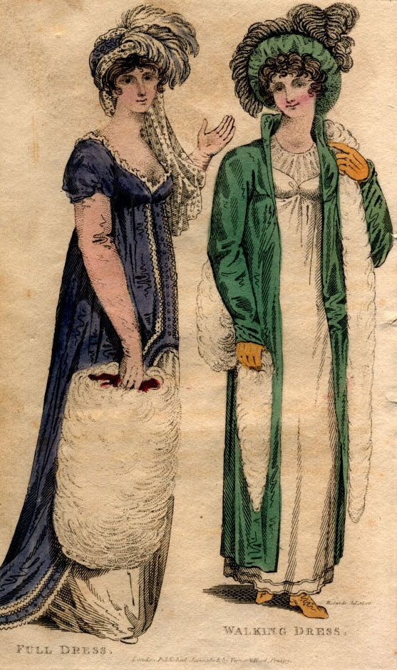 1805 Walking Dress: Bonnet of Blue Velvet, with White Ostrich Feather. Spencer of Blue Velvet, trimmed with Swansdown. Round Dress of Cambric Muslin, with a Lace Flounce. Boots Blue. Buff Gloves; and Swansdown Muff.