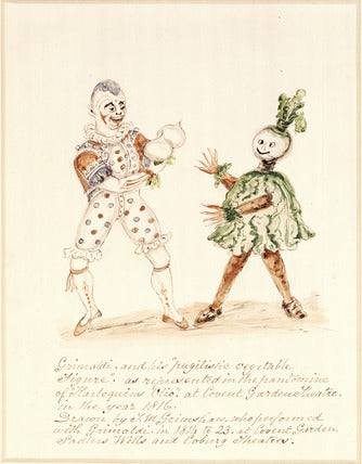 Grimaldi as Clown opposite an actor playing a "pugilistic vegetable" at the Covent Garden Theatre, 1816.