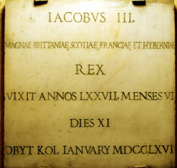 On the chapel walls of the Pontifical Scots College are mounted the original tombstones for James III, Charles III, and Henry IX.  Their remains, as well as those of Queen Clementina, lie in St. Peter's Basilica in Vatican City.