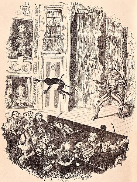 Joe's debut into the pit at Sadler's Wells, illustration by George Cruikshank for Dickens's memoirs of Grimaldi.