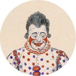 Grimaldi as Clown, showing his own make-up design.