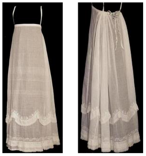 A highly decorative Regency petticoat, complete with shoulder straps to help it stay in place.