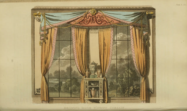 Une belle représentation des rideaux de l'ère Regency du référentiel d'Ackermann (1816)
