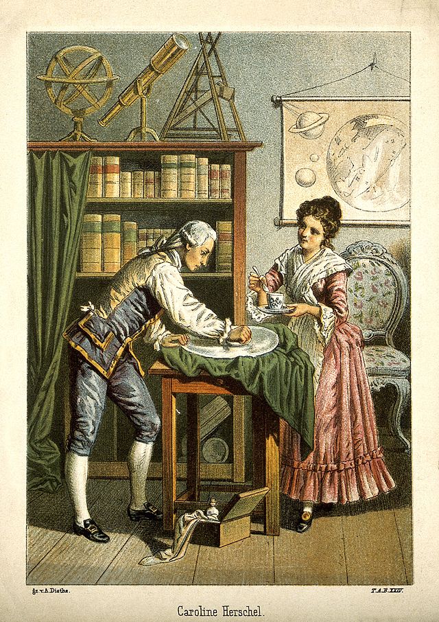 William en Caroline Herschel polijsten een telescooplens, 1896 lithografie.