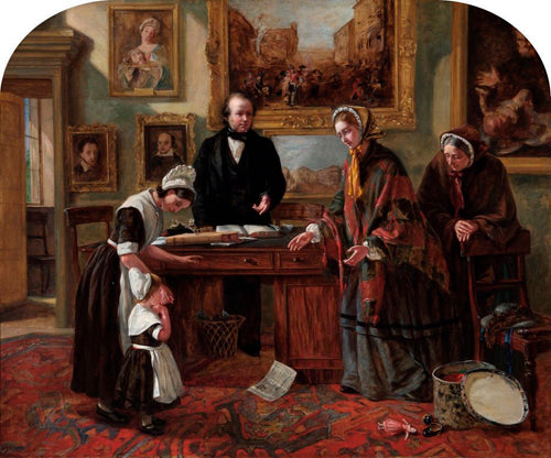 he Foundling Restored to its Mother (1858) by Emma Brownlow, depicting her father John Brownlow (behind desk)