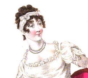 1812 La Belle Assemblee, robe de soirée et bandeau, qui encadre magnifiquement les boucles.