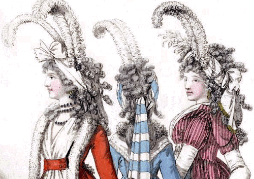 Dresses of January 1795 from The Gallery of Fashion, show a variety of bandeau hairstyles.