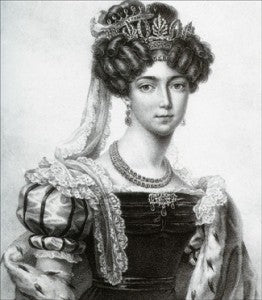 Kronprinzessin Josefia von Schweden in schwedischer Hofkleidung mit Juwelenbandeaux. Die Bandeaux in diesem Set trennten sich ebenfalls in zwei Armbänder und eine Brosche. Wie schlau!