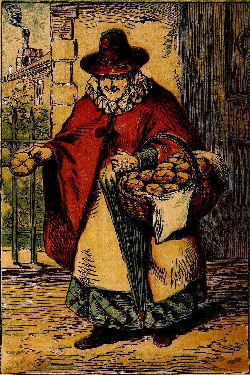 A vintage illustration of a Hot Cross Bun seller.