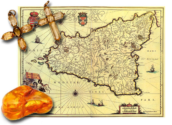 A 15th century map of Sicily. Jane and Cassandra received topaz crosses from their brother Charles. Below, a piece of amber. Surely the gift inspired Fanny's cross in Mansfield Park.