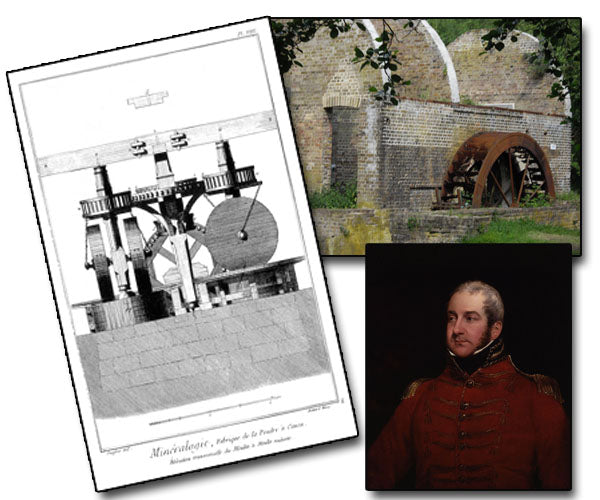 Left to Right, a drawing of a gunpowder grinder from the 1768 the Diderot Encyclopedia, the remains of the and a portrait of Sir William Congreve, inventor of the Congreve Rocket.