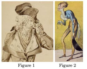 Left: Detail of Les Deux Incroyables, Antoine Charles Horace Vernet, ink and wash, 1794. Right: 