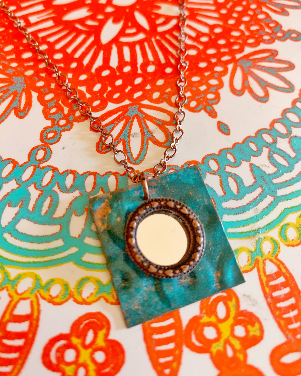 Copper and Teal Metal Mirror Cube Necklace