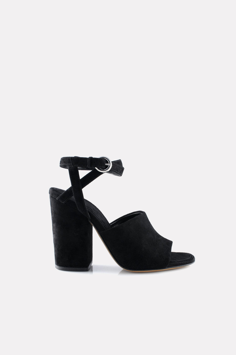 ARCHIVE SALE- Asymmetrical Ankle Wrap Block Heel Sandal Black Suede.