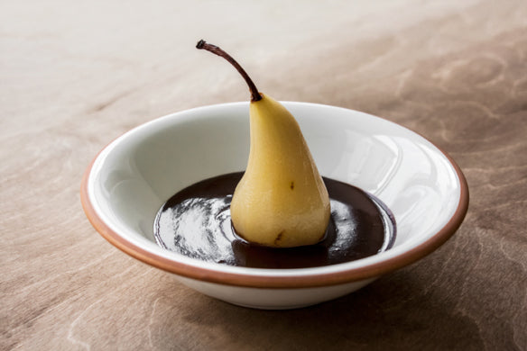 SPICED POACHED PEARS WITH WARM CHOCOLATE SAUCE by Ora Coren (Photo by Lee Coren)