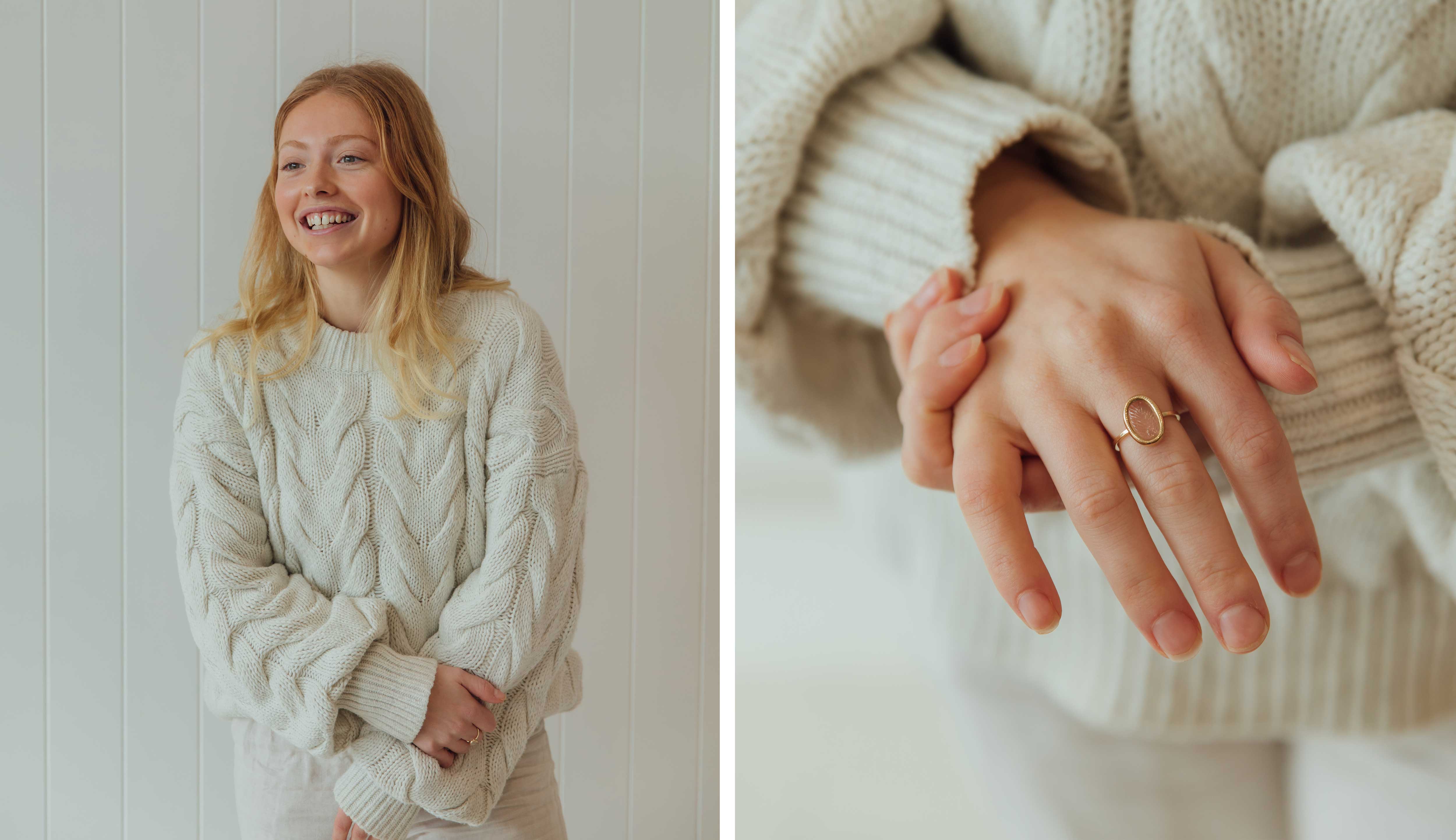 Kartyja NMJ bespoke customer service wearing the Ruan ring and smiling into the camera