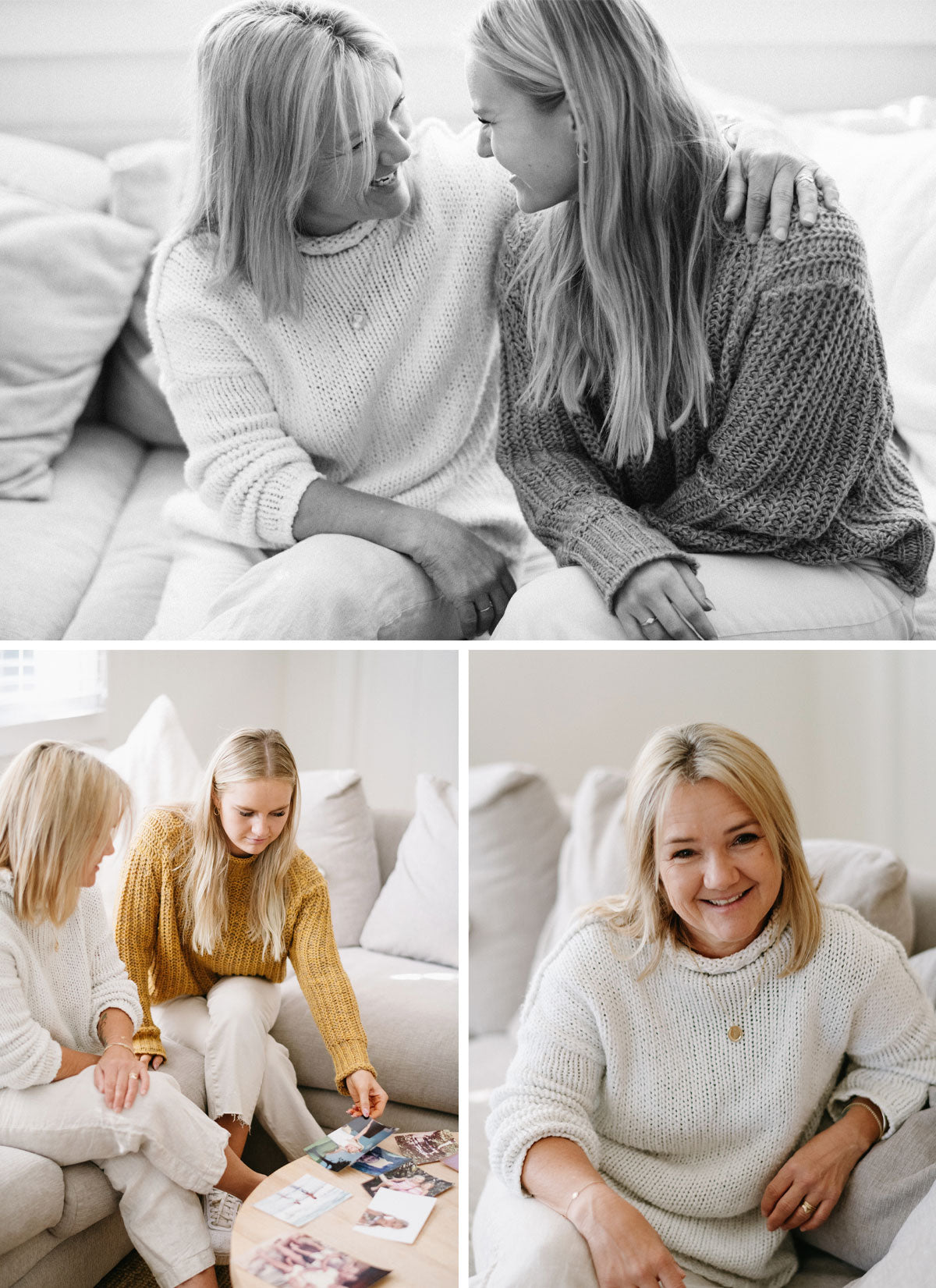 A grid of Julia and her daughter sitting on a cream coloured couch looking at photos and hugging each other