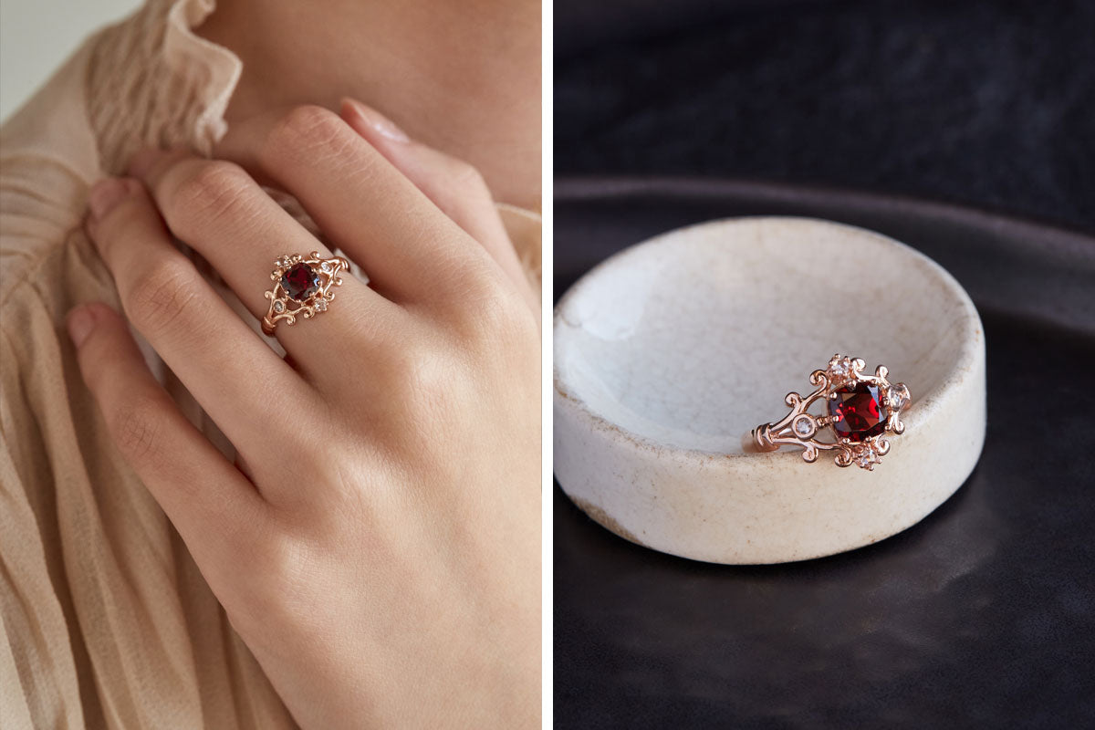 The Georgian style Ada Ring with a cushion cut garnet and old mine cut white diamonds.