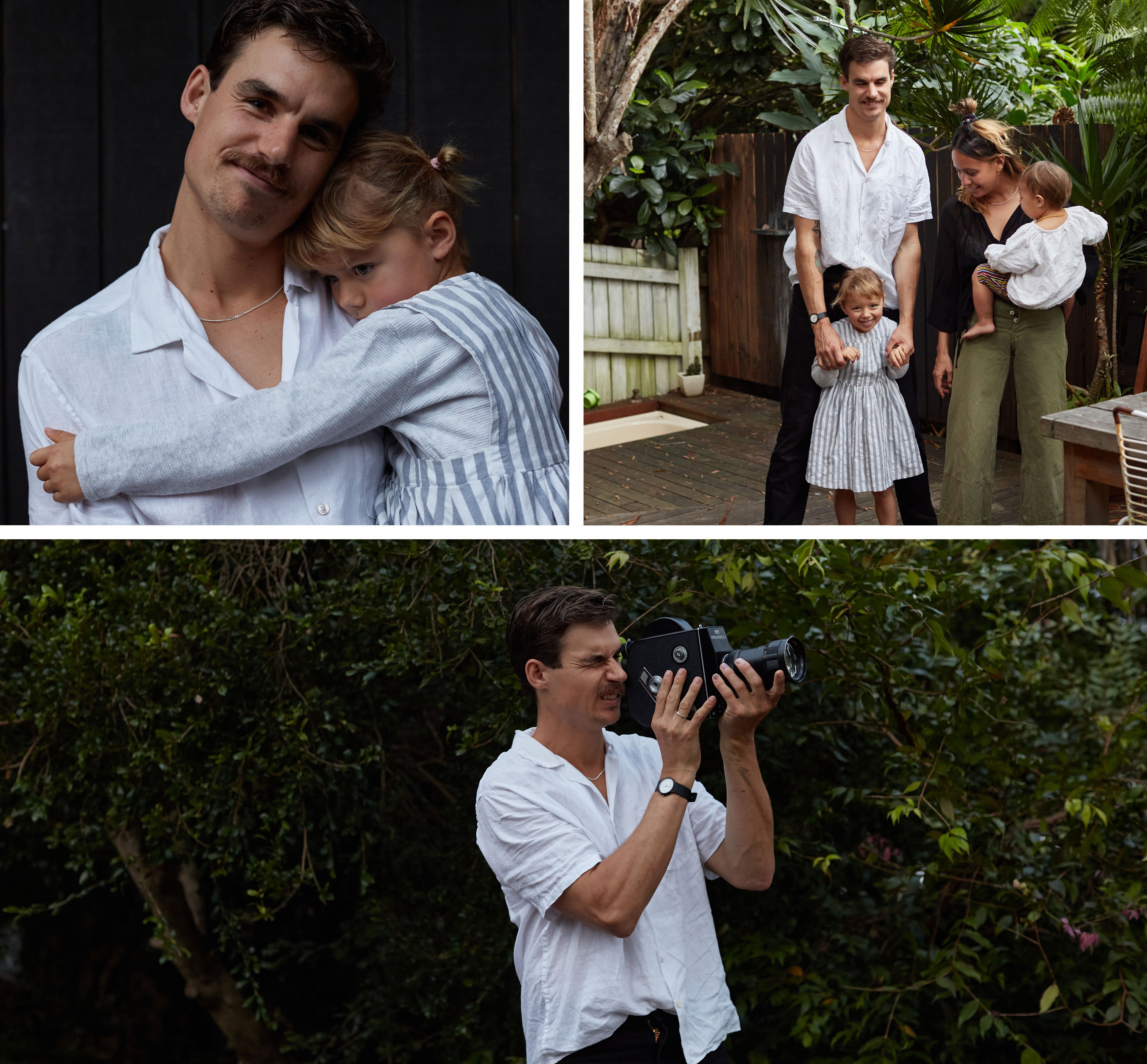 Nich Zalmstra with his beautiful family and inaction shooting film with his retro camera