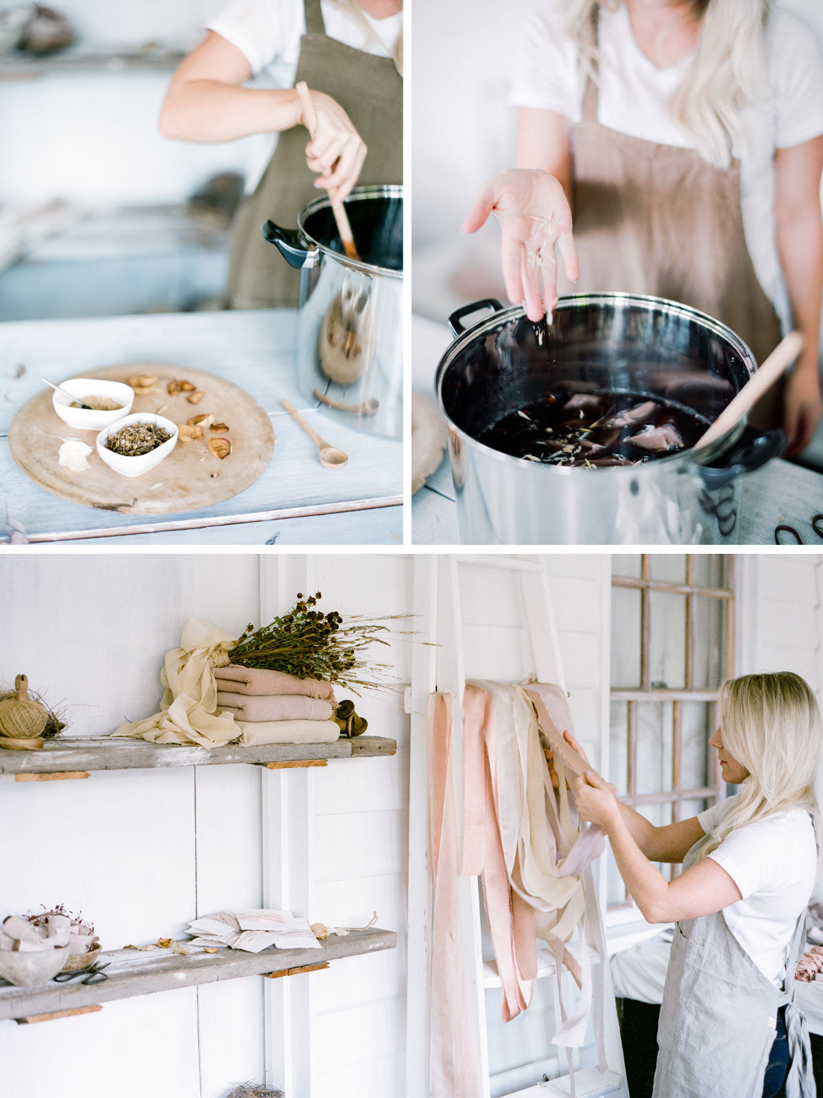 Silk dying process step by step from the natural herbs used to the actual dying and then drying 