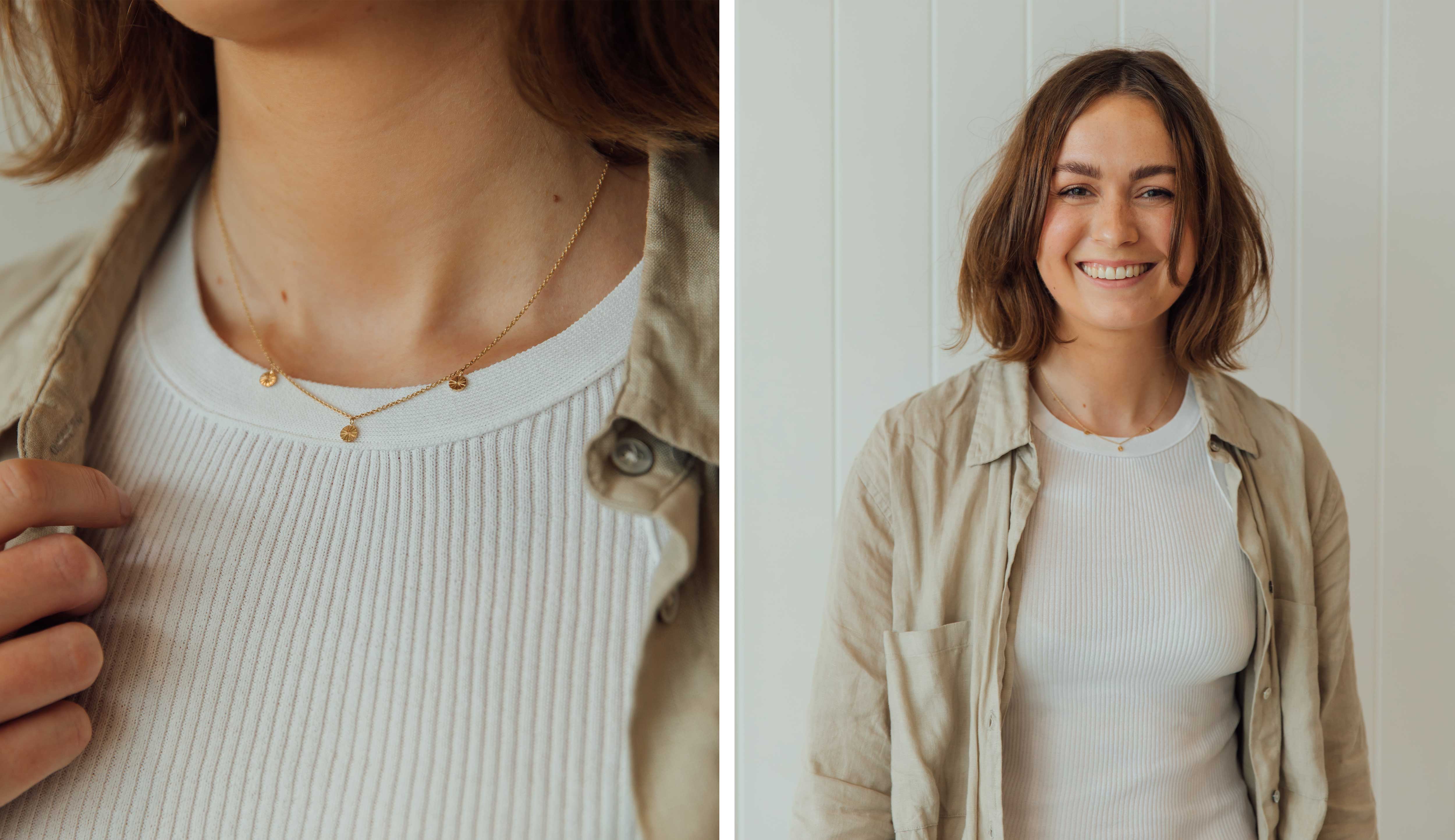 Shona, our NMJ jewellery designer wearing the Jia charm necklace in yellow gold