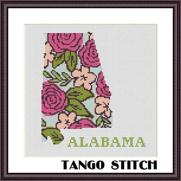 Alabama state map beautiful flower ornament cross stitch pattern  - Tango Stitch