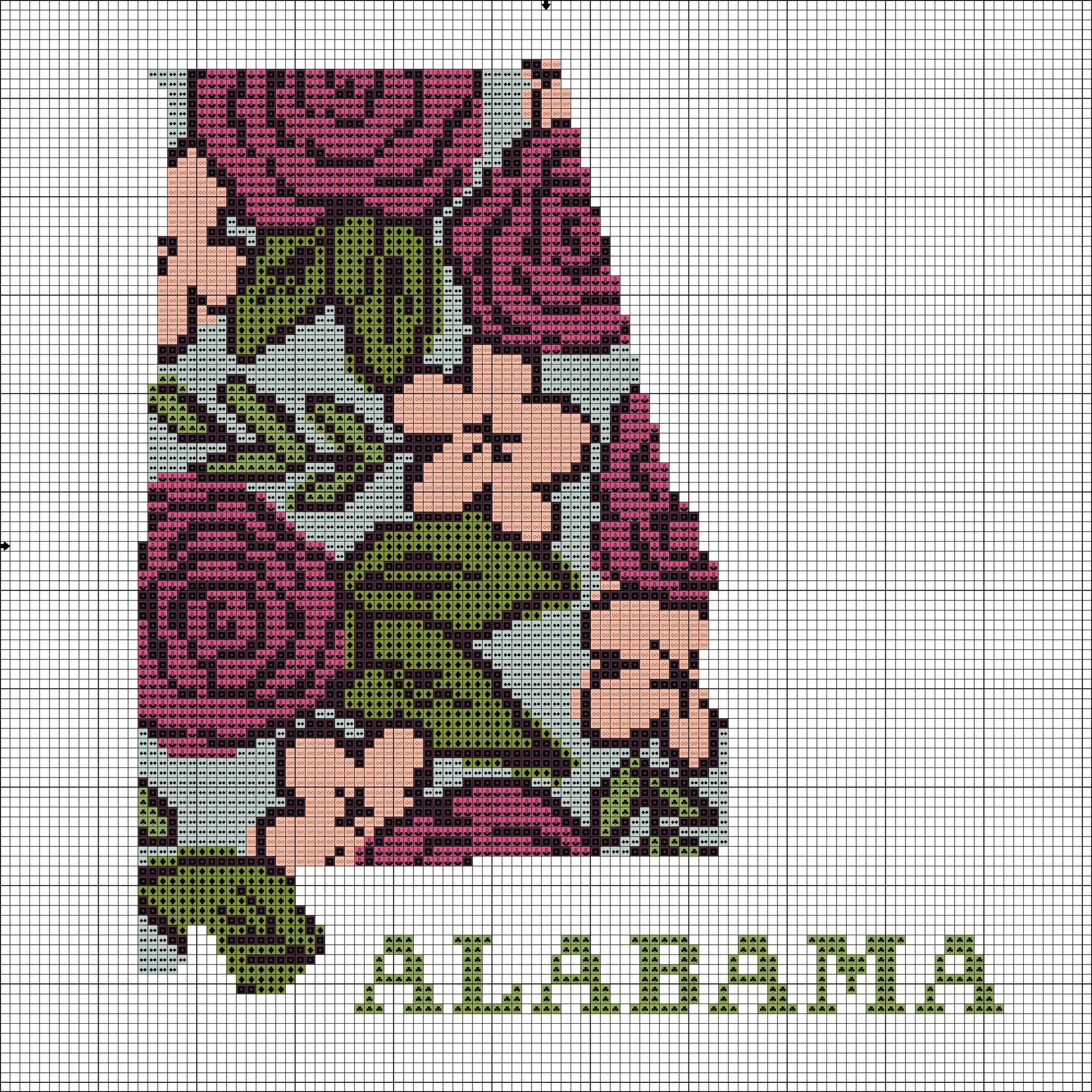 Alabama state map beautiful flower ornament cross stitch pattern  - Tango Stitch