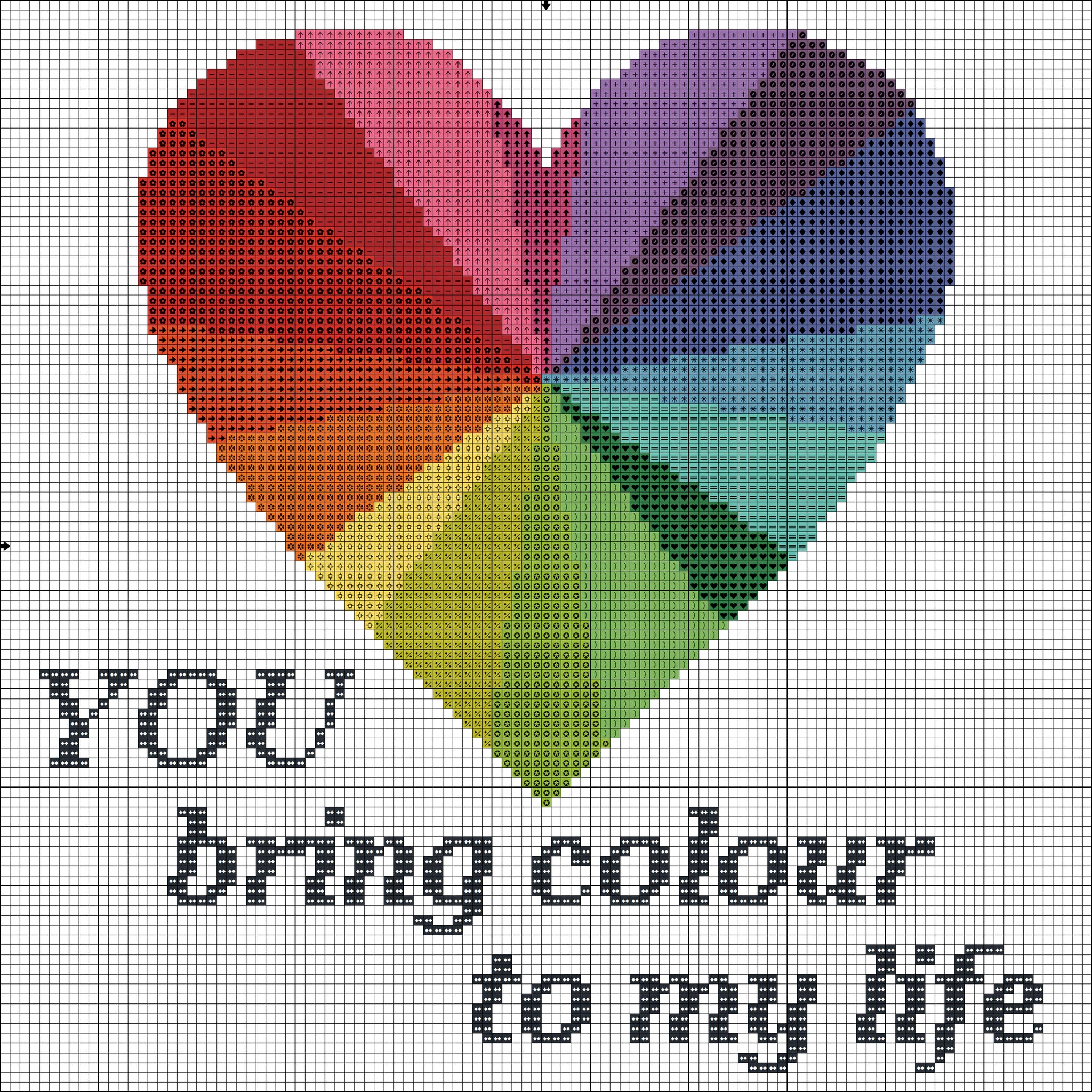 You bring colour in my life rainbow heart romantic cross stitch pattern