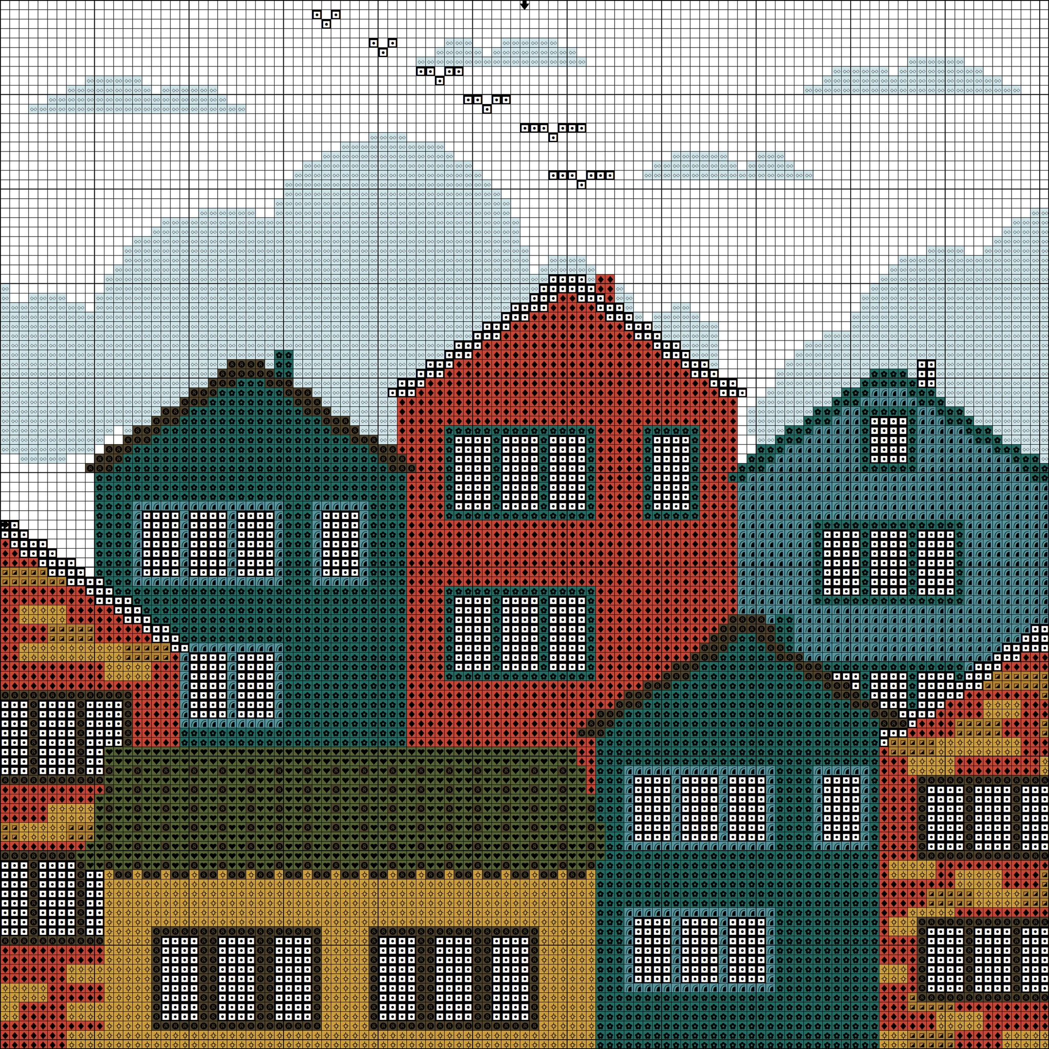 City houses cute free cross stitch hand embroidery pattern