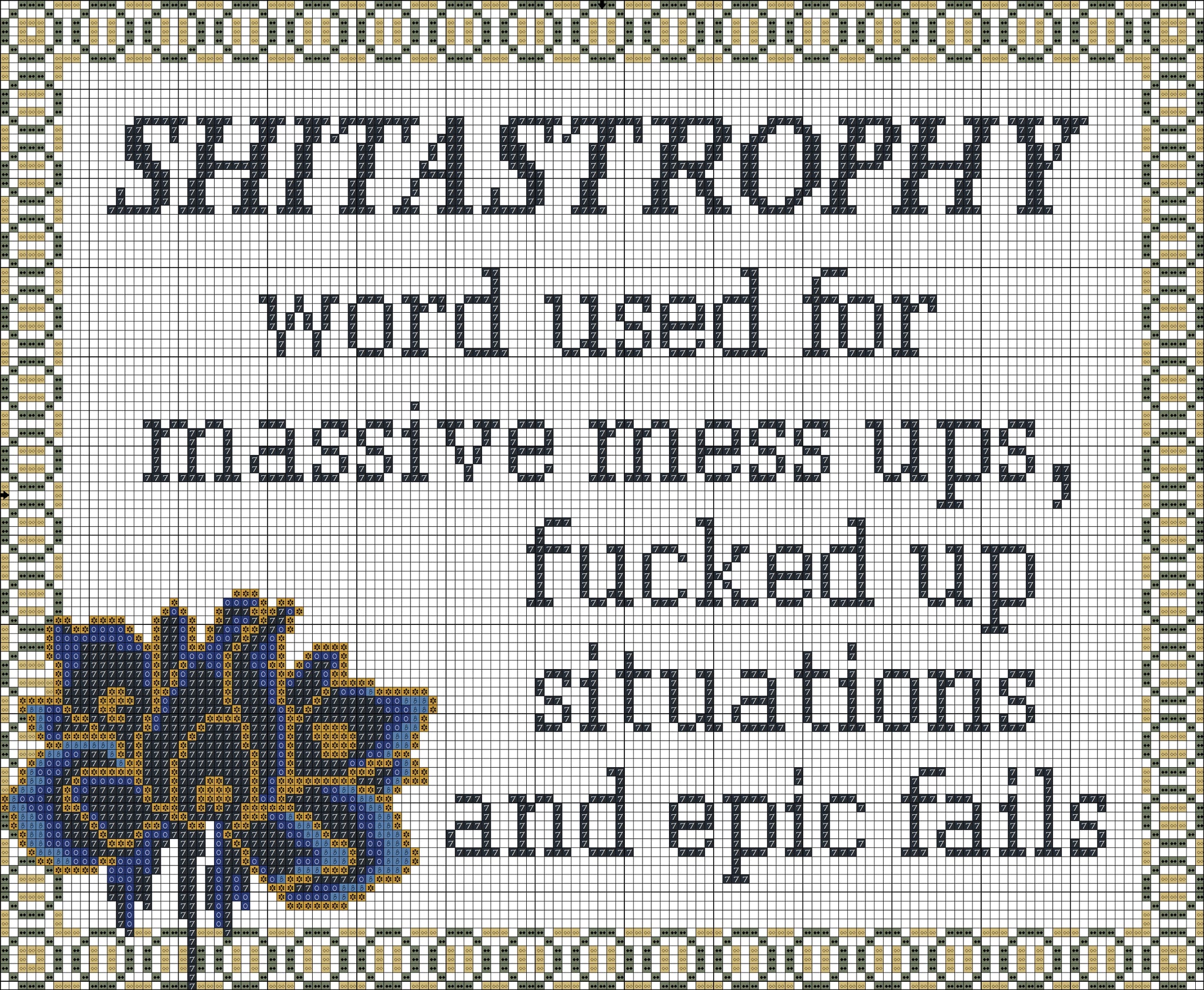 Shitastrophy funny subversive free cross stitch pattern - Tango Stitch