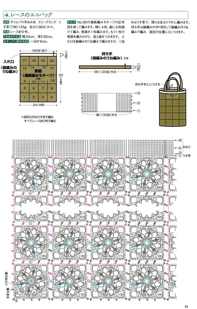 Brown crochet motifs shopping bag pattern