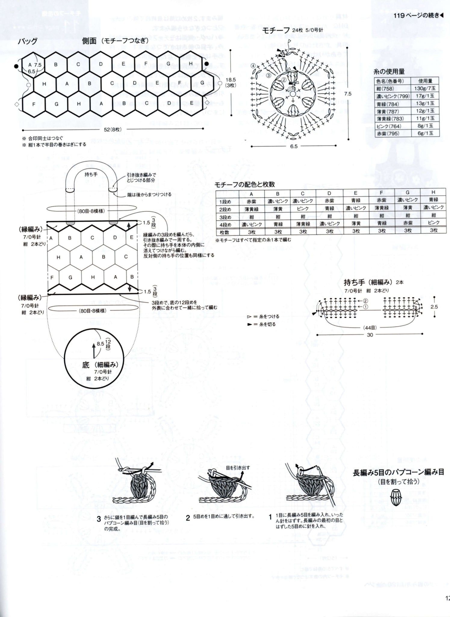 Cute crochet motifs bag and scarf combo patterns set