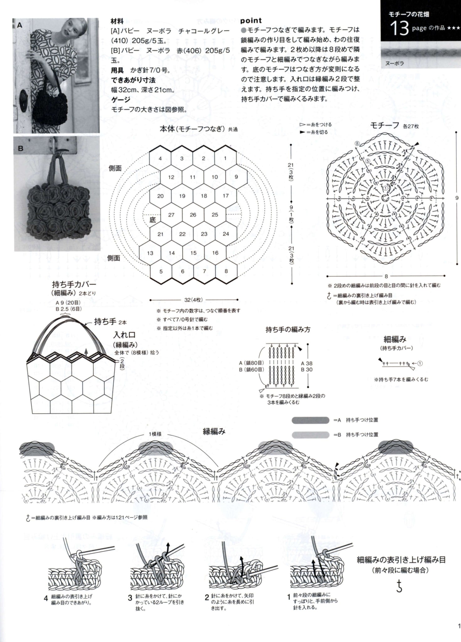 Rose flower motifs crochet bag pattern 