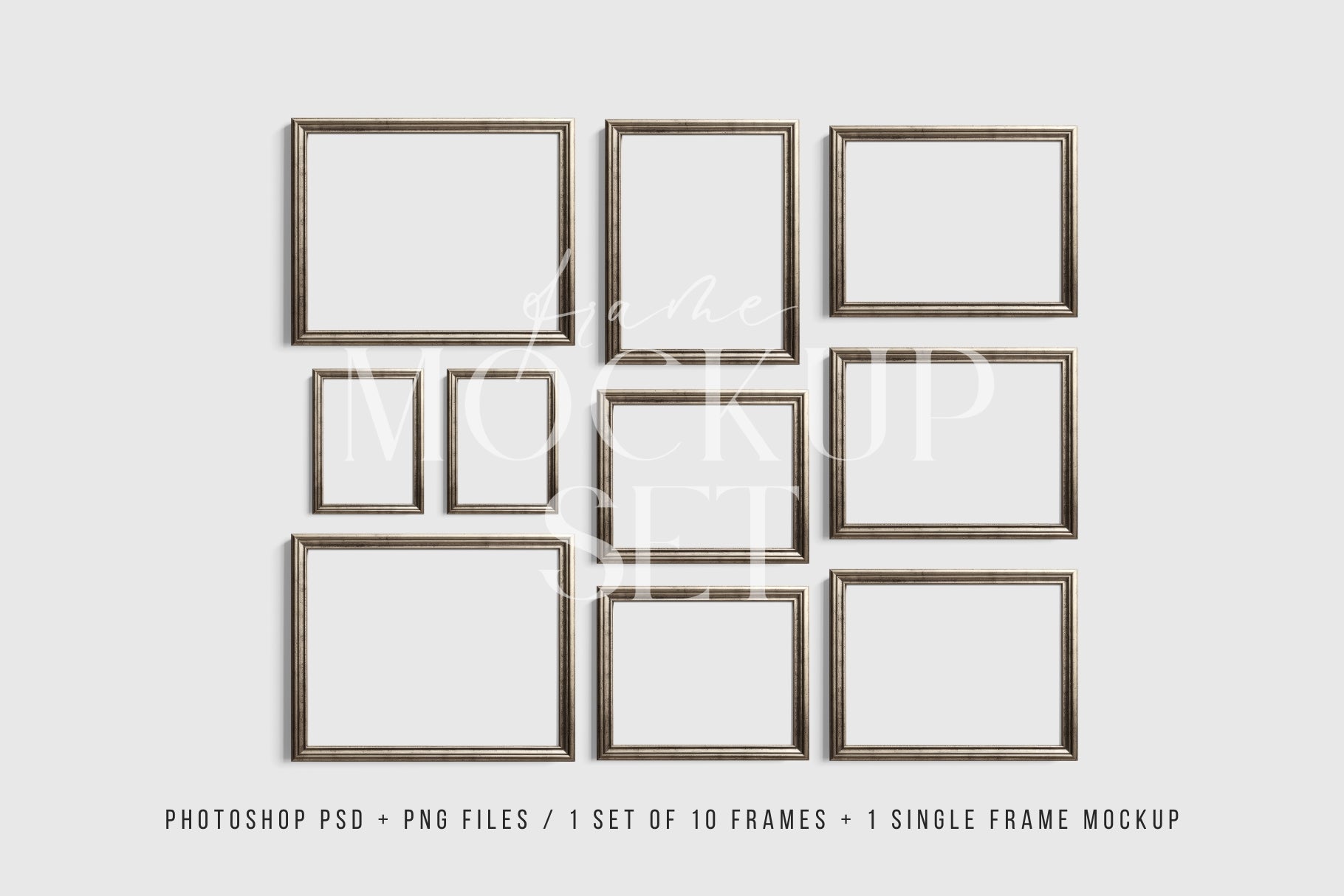 Silver Metallic Gallery Wall Mockup | Frame Mockup Set of 10 Vertical and Horizontal Frames | PSD + PNG | 27