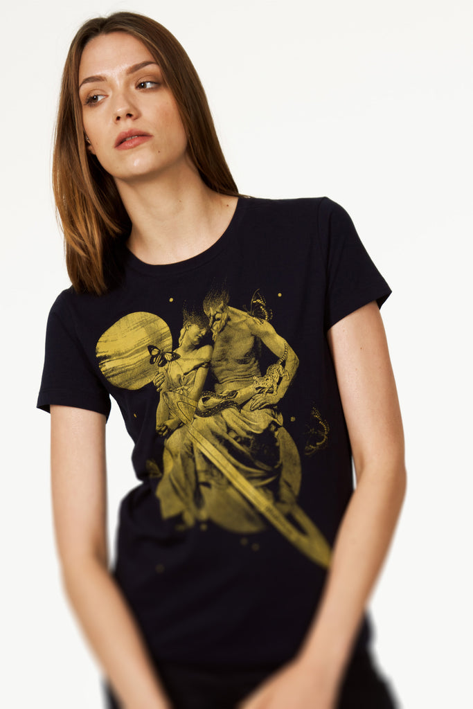 Dessin pappilon saturne flottant t shirt femme bleu marine et jaune