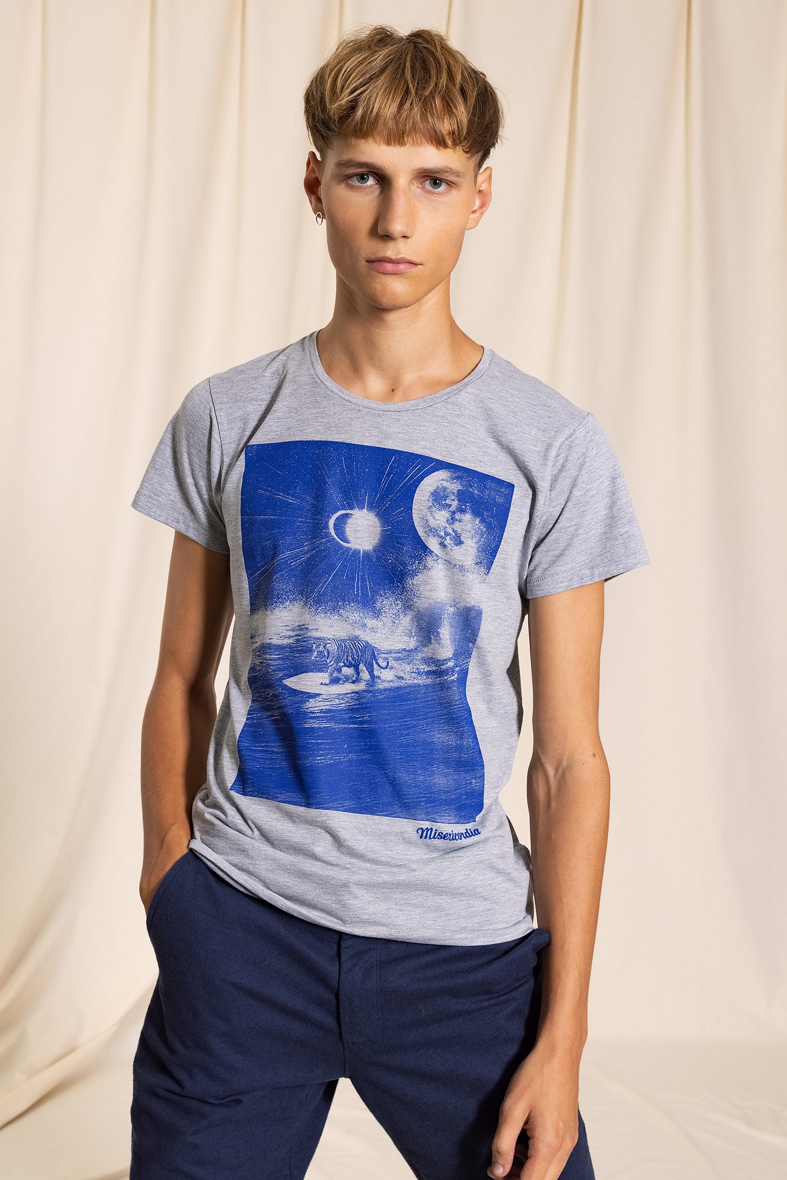 T-shirt Homme imprimé bleu gris tigre surf mer océan lune vagues rayures animal original 