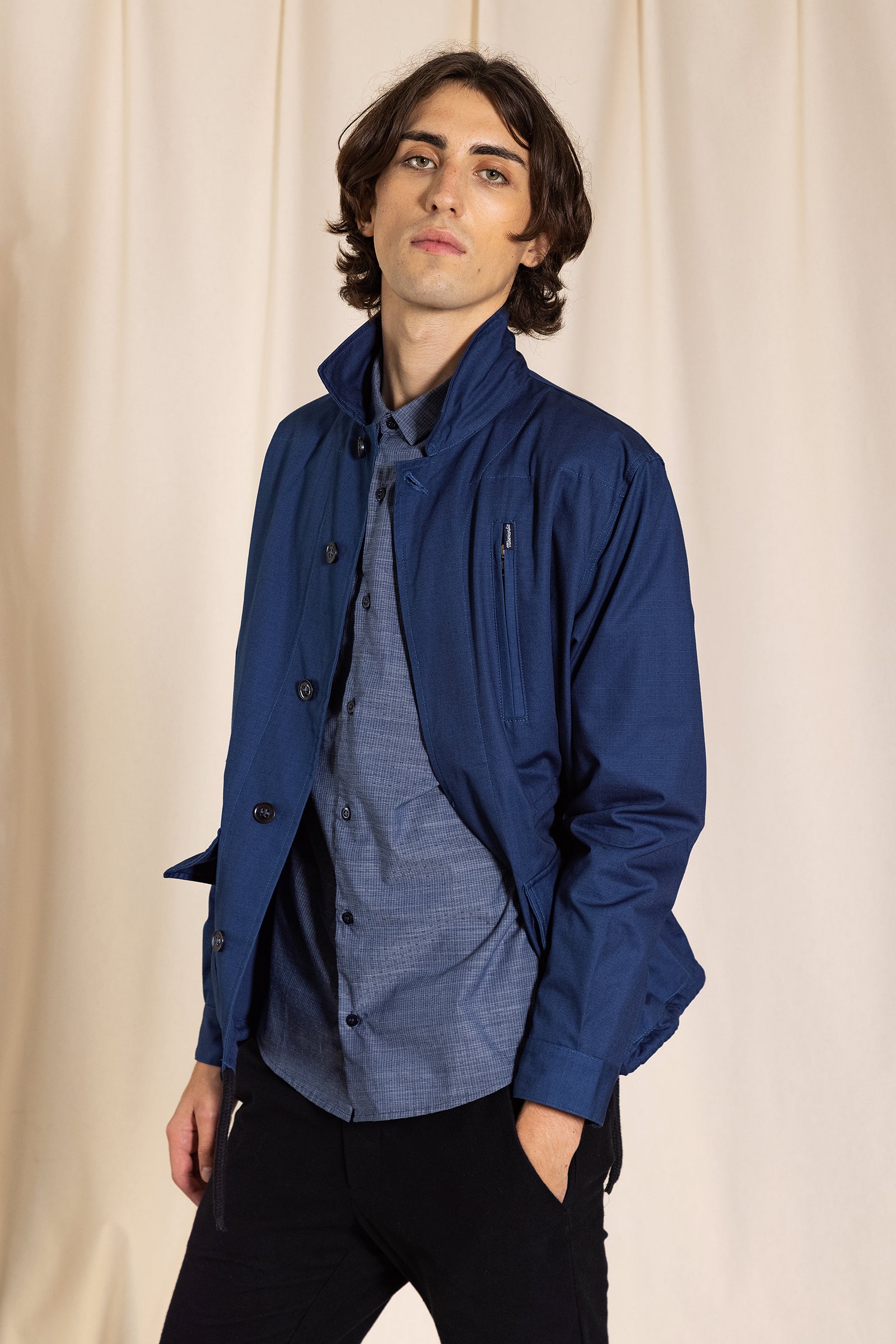 Blouson Homme bleu encre ajustable cintré poches chemise à motif 