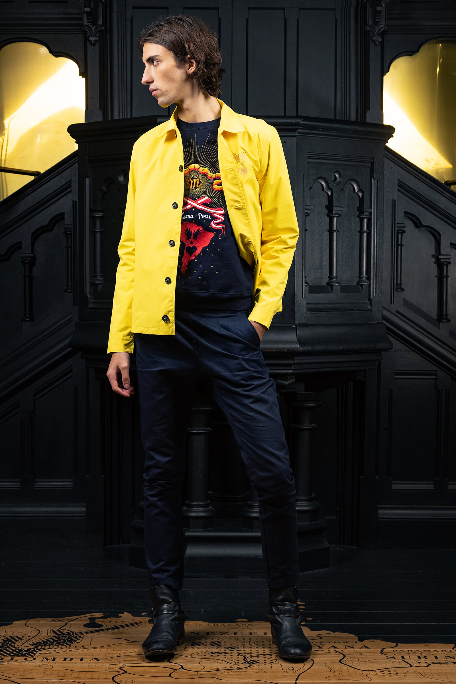 Men's yellow raincoat buttoned straight jacket waterproof navy sweater embroidered South America craftsmanship