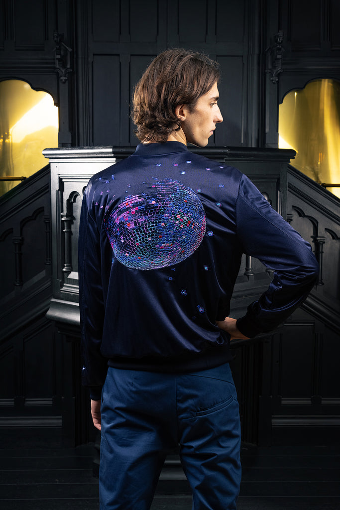 Men's zipper sports jacket navy blue embroidery disco ball night rhythm multicolor craftsmanship