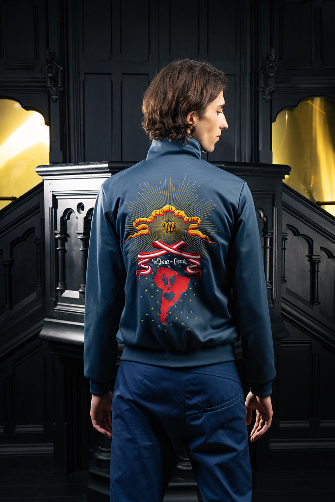 Men's tracksuit jacket classica zipped blue handicraft embroidery Lima Peru South America map stars multicolored sun