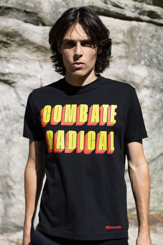 Navy blue t-shirt with red and yellow print combate radicale retro effect