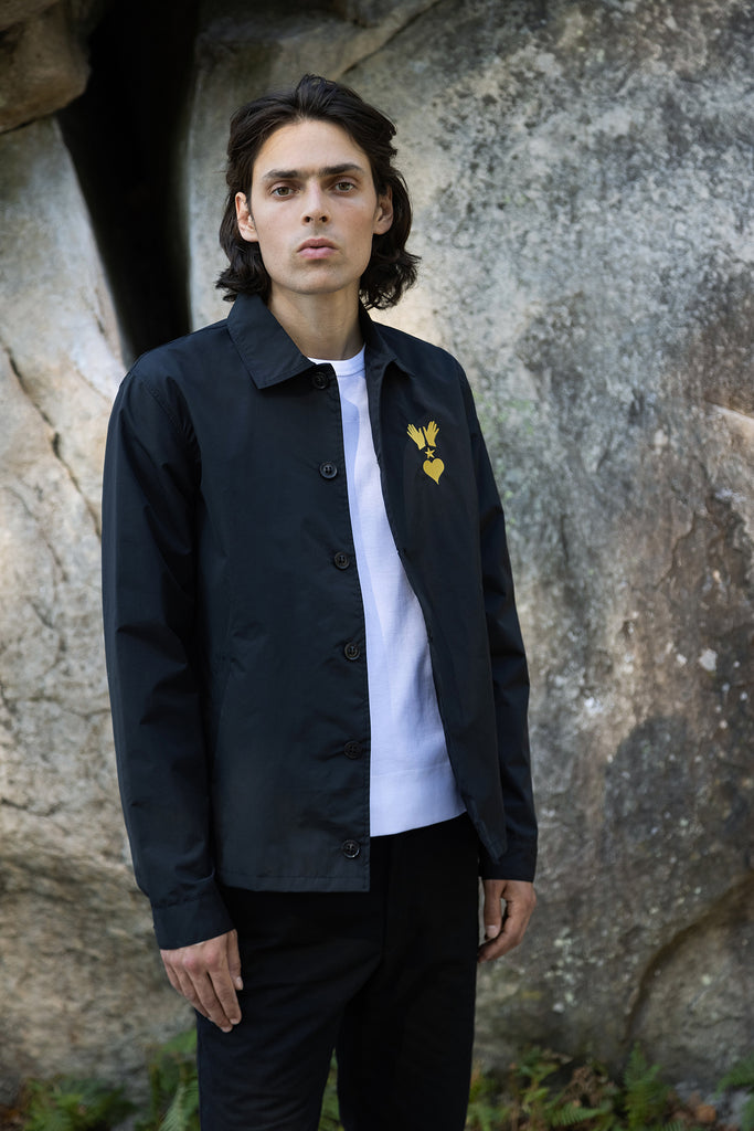 Straight Fit Navy Blue Rain Jacket and Simple White Long Sleeve T-Shirt