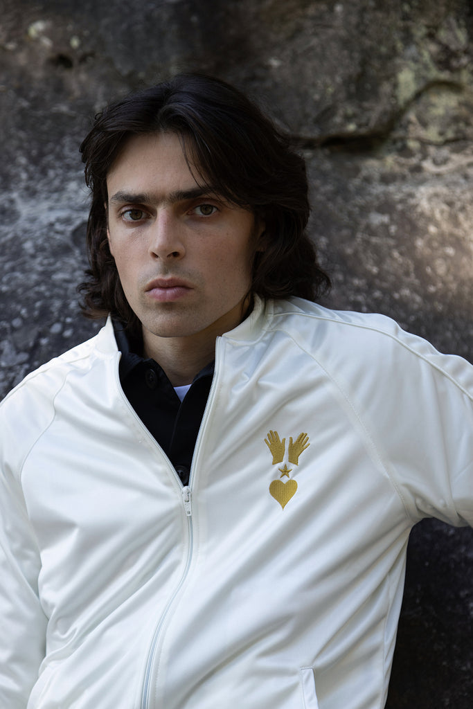 Men's Beige Zip-Up Jacket Embroidered Logo Satin Tracksuit Effect with Pockets
