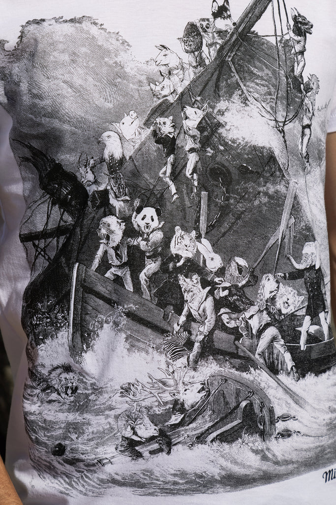 Printed T-shirt White and black Galley raft shipwreck Animals Drowning
