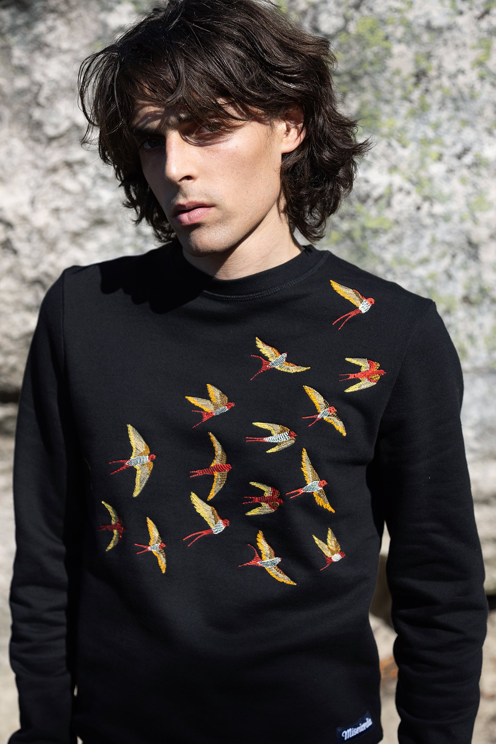 Men's Black Sweatshirt Embroidered Flying Birds Multicolored Yellow Red Craftsmanship