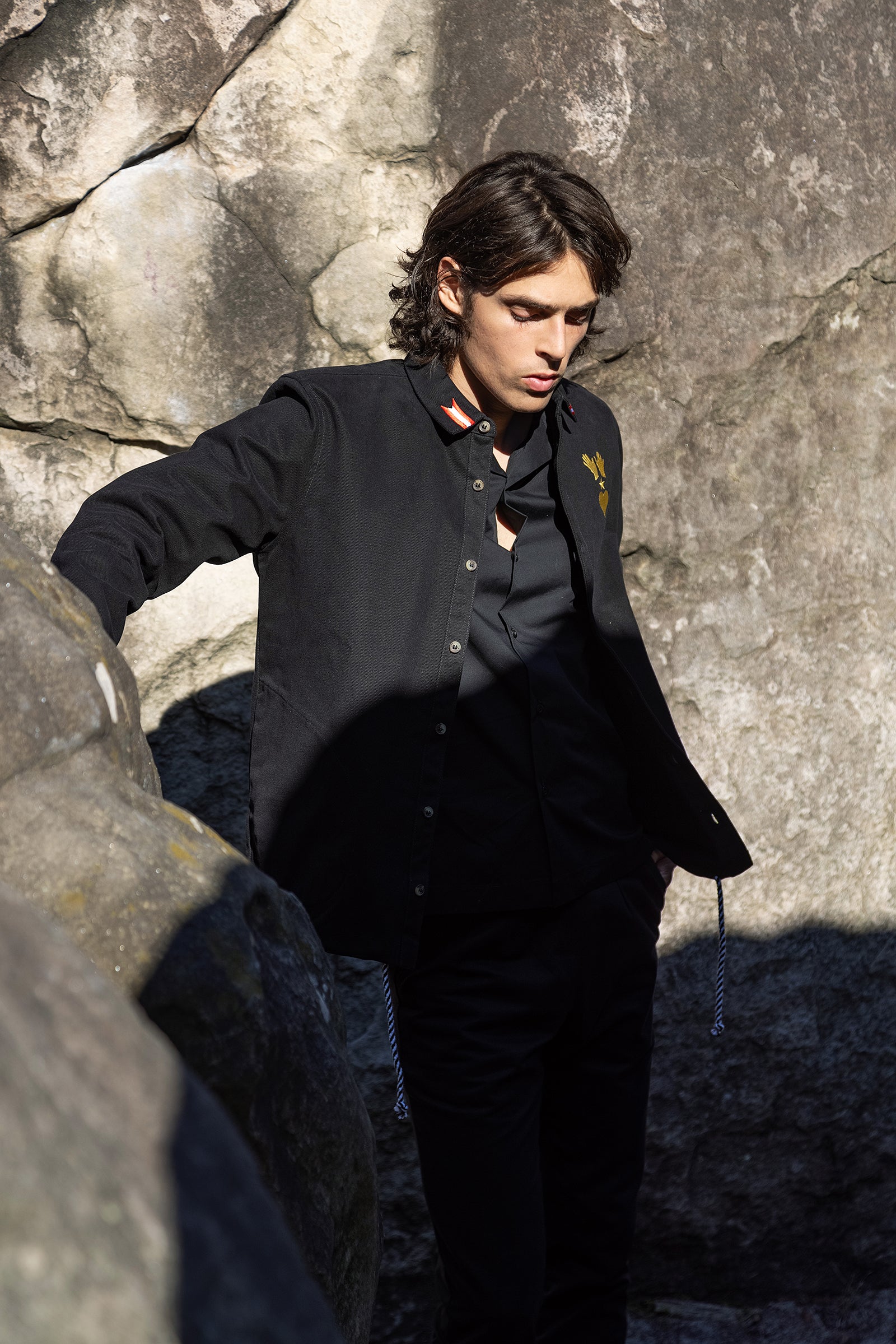 Men's Jacket Black Overshirt Plain or Embroidered in the Back Buttoned straight cut Masculine