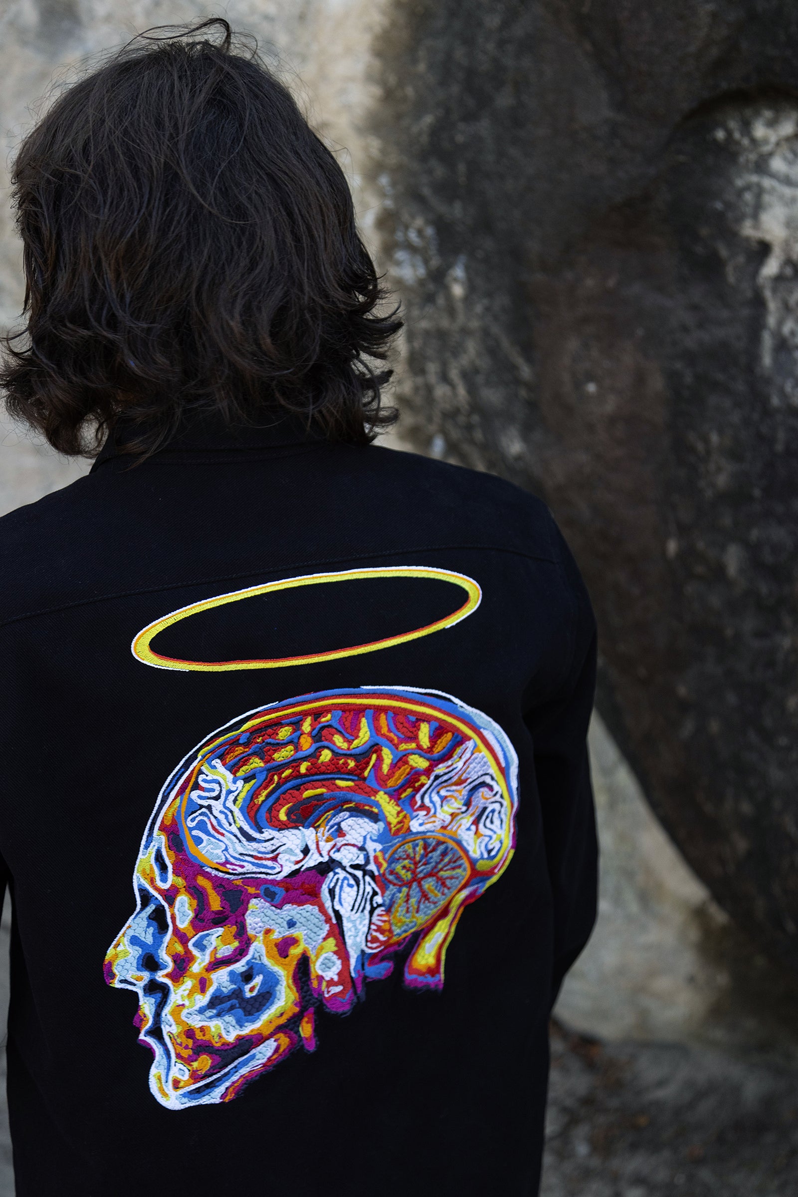 Men's Jacket Black Overshirt Embroidered Multicolored Skull with a divine halo in the Back Buttoned straight cut Masculine