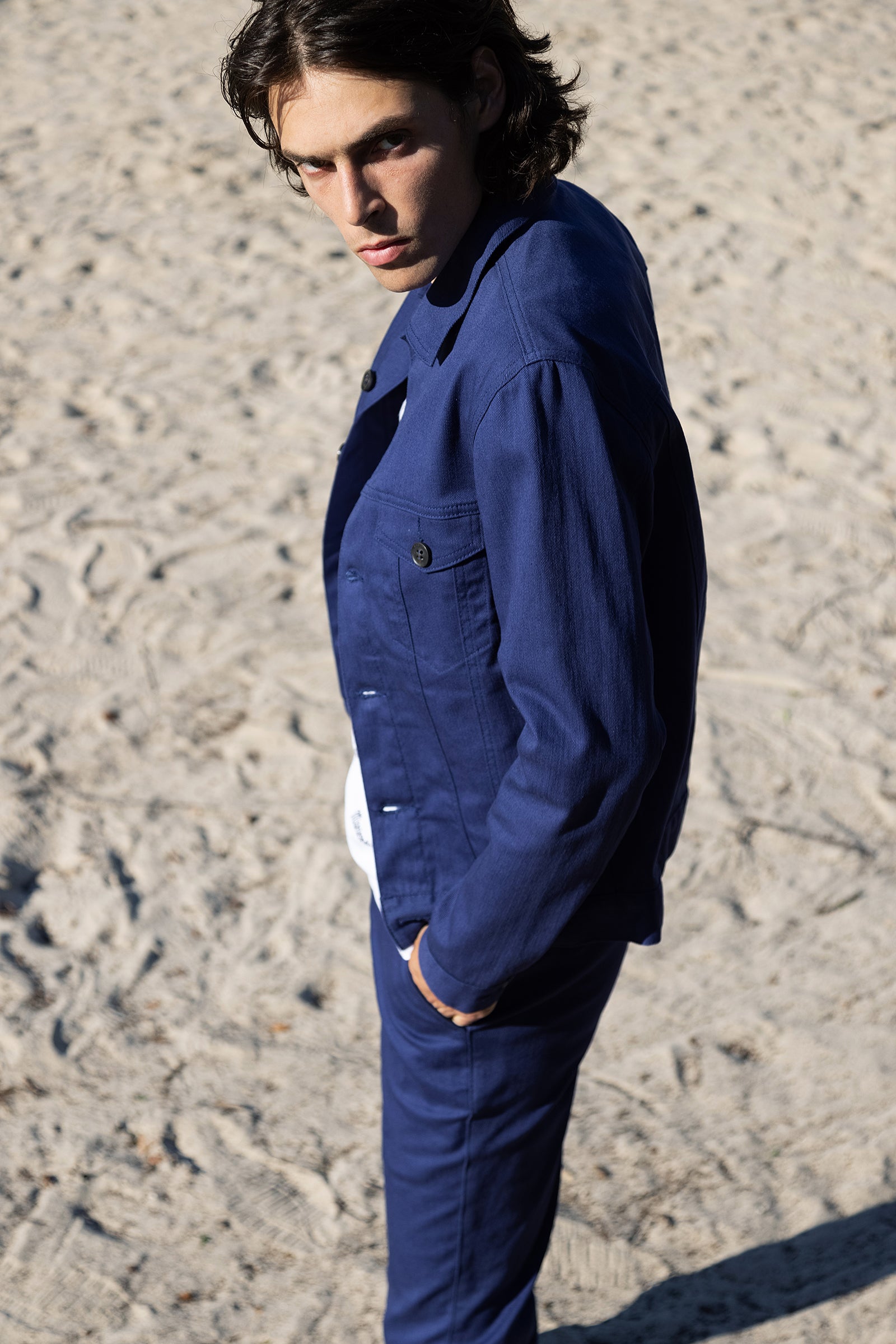 Indigo Blue Chino Jacket Suit Straight Cut Multiple Pockets Work Jacket