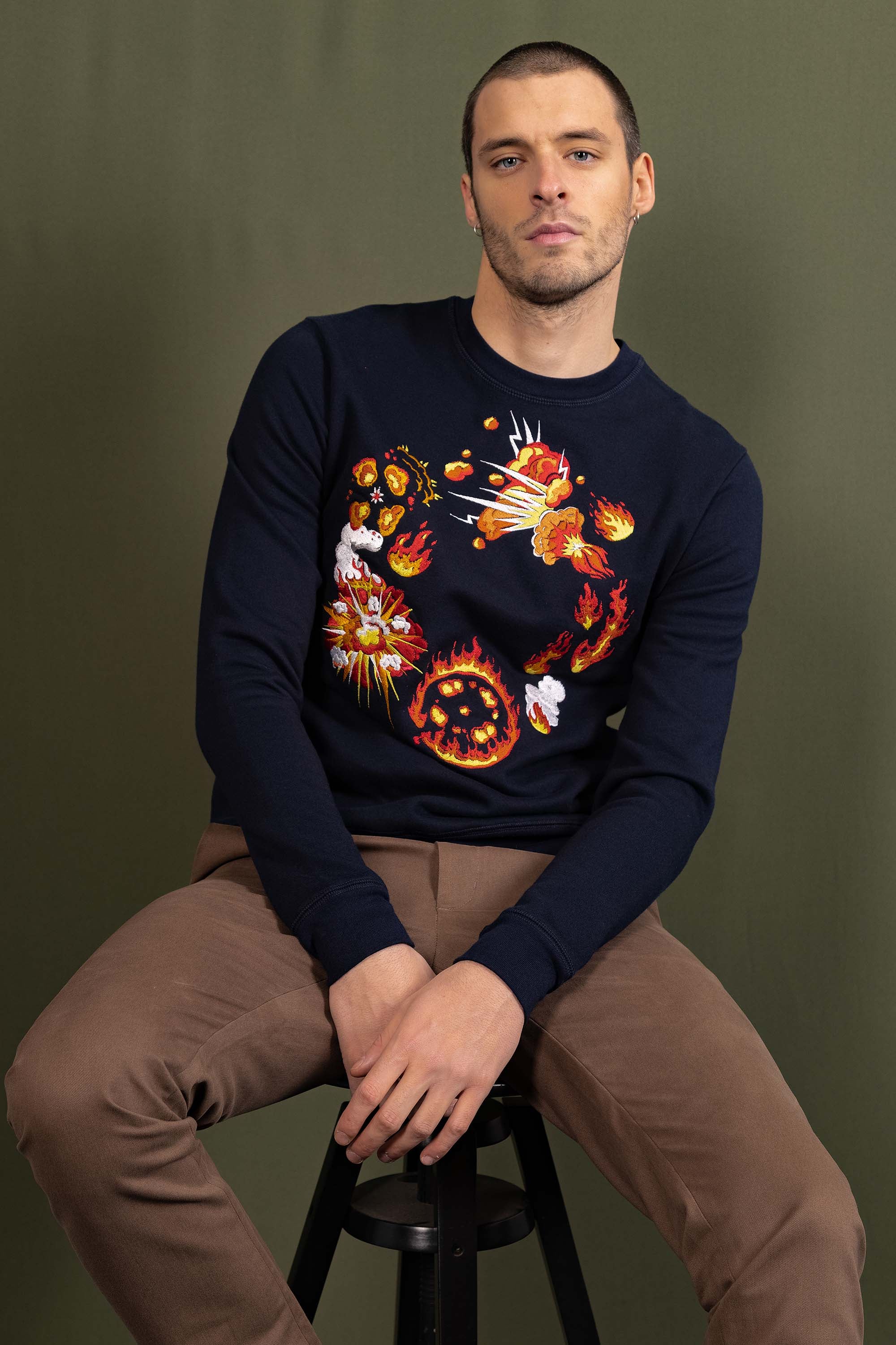 navy blue sweatshirt in cotton detonation embroidery for men novelty new winter collection 2022 misericordia